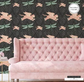 Boho Tiger & Dragonfly Maximalist Wallpaper: Coral Pink & Mustard Peel & Stick Decorr