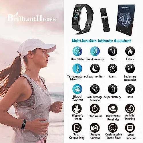 BrilliantHouse Fitness Tracker with Blood Pressure Heart Rate Blood Oxygen Monitor, Activity Tracker Sleep & Temperature Monitor, Smart Watch Pedometer Step Counter for Kids Man Women