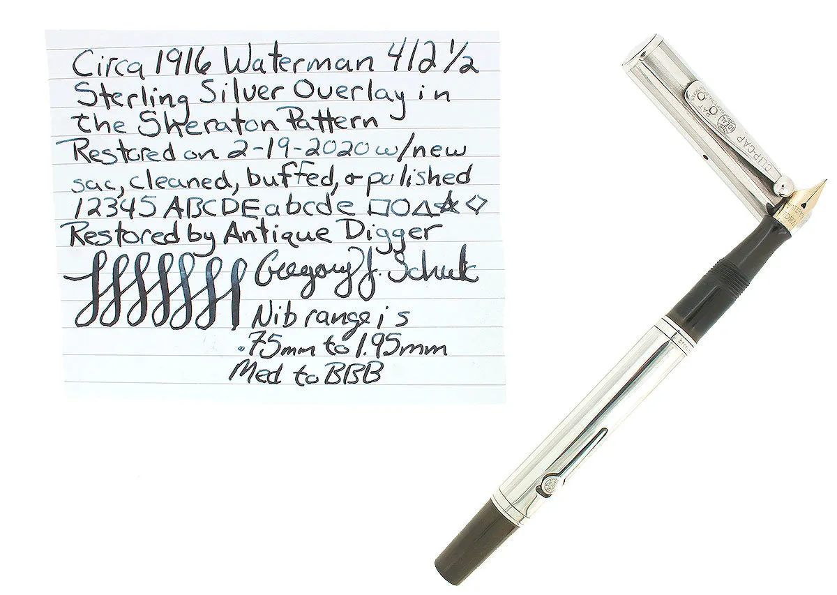 C1916 WATERMAN 12 1/2 STERLING SHERATON FOUNTAIN PEN M-BBB FLEX NIB RESTORED