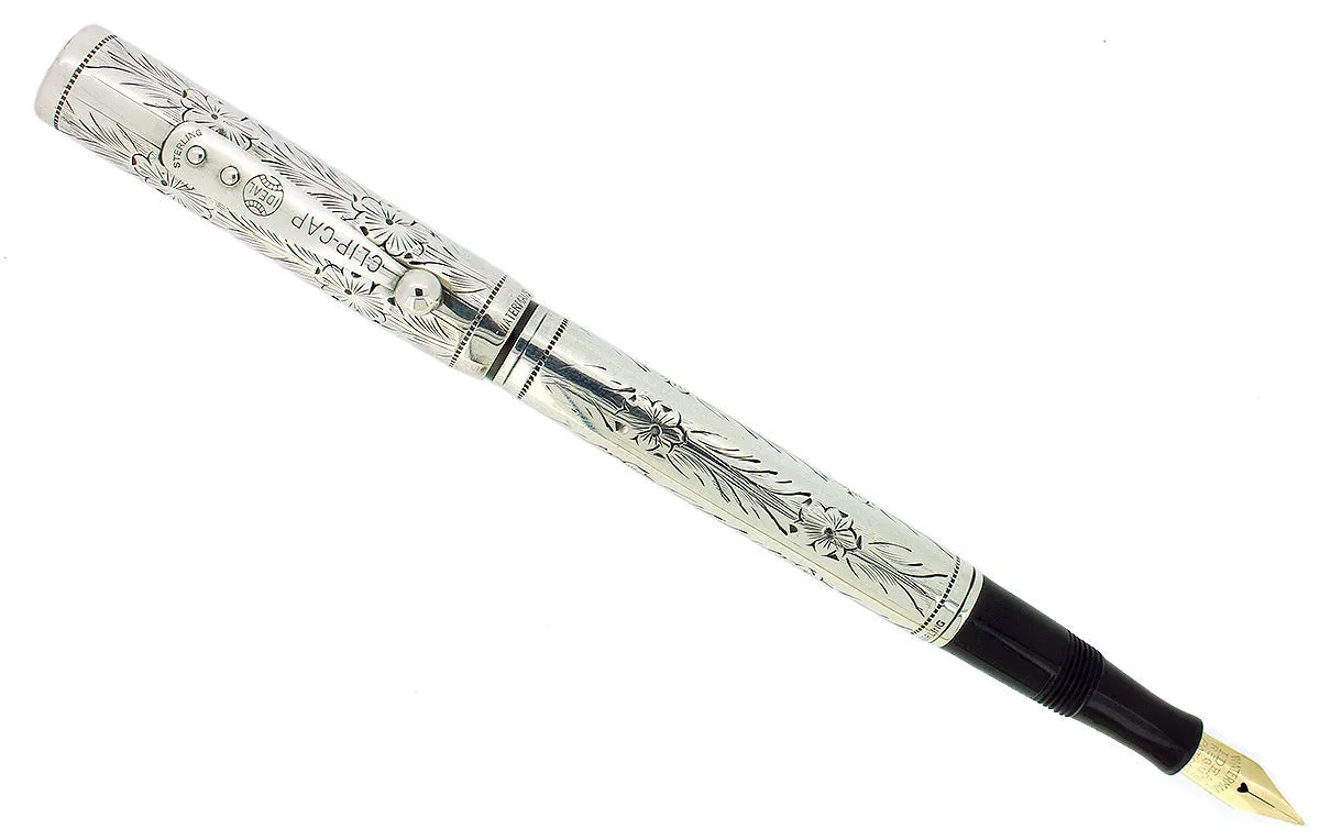 C1920 WATERMAN 472 1/2 STERLING PANSY PANEL F-BBB NIB FOUNTAIN PEN RESTORED