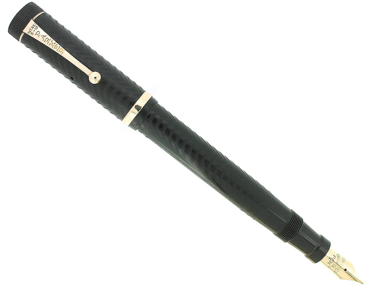 C1924 DUOFOLD SENIOR OVERSIZE BLACK CHASED HARD RUBBER FOUNTAIN PEN RESTORED MINT