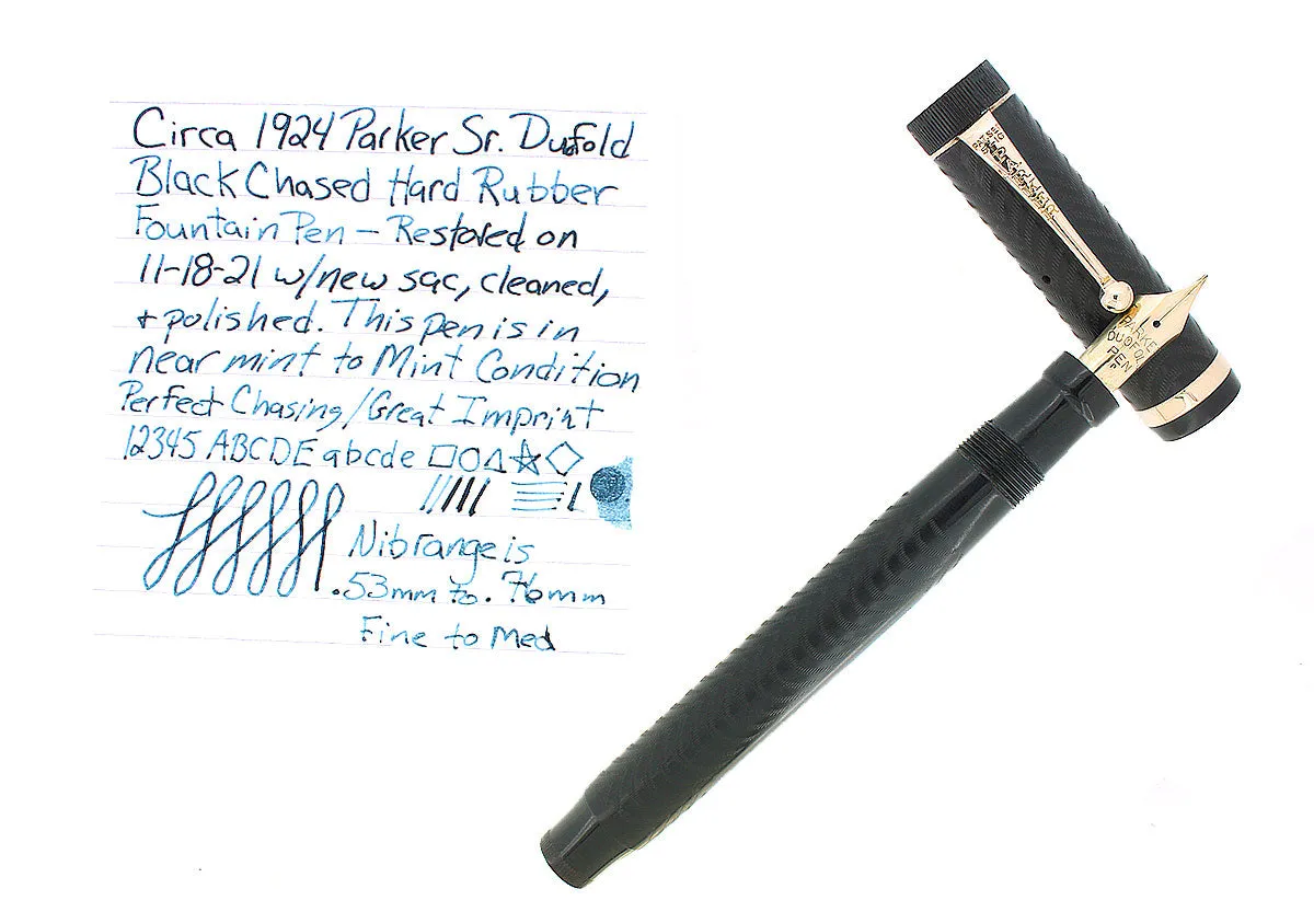 C1924 DUOFOLD SENIOR OVERSIZE BLACK CHASED HARD RUBBER FOUNTAIN PEN RESTORED MINT