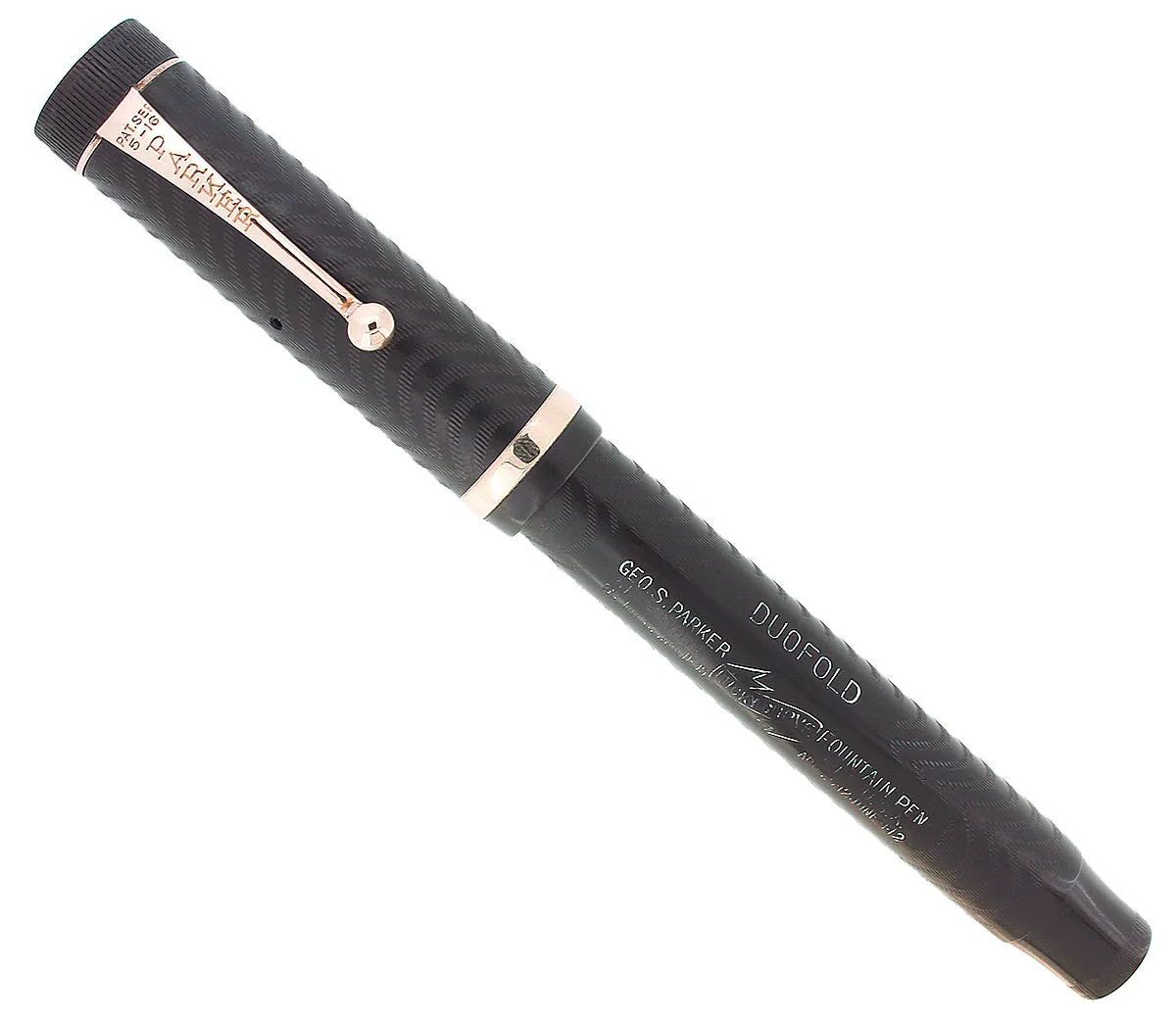 C1924 DUOFOLD SENIOR OVERSIZE BLACK CHASED HARD RUBBER FOUNTAIN PEN RESTORED MINT