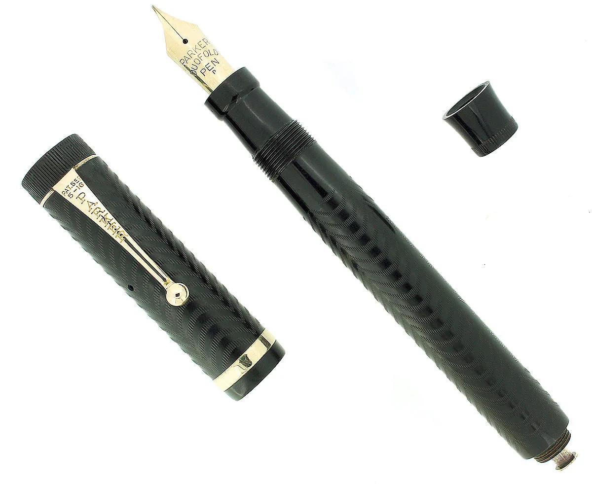 C1924 DUOFOLD SENIOR OVERSIZE BLACK CHASED HARD RUBBER FOUNTAIN PEN RESTORED MINT