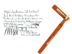 C1925 WATERMAN #52 CARDINAL RED HARD RUBBER FOUNTAIN PEN F-BBB FLEX NIB RESTORED