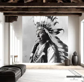 Chief Joseph Mural - Vintage Native American Headdress Wall Art, Large Black & White Wallpaper