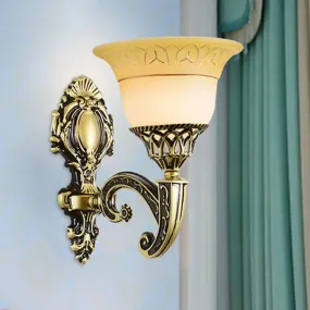 Classic Brass Wall Sconce Light Fixture with Frosted Glass - Flared Design - Bedroom Lamp