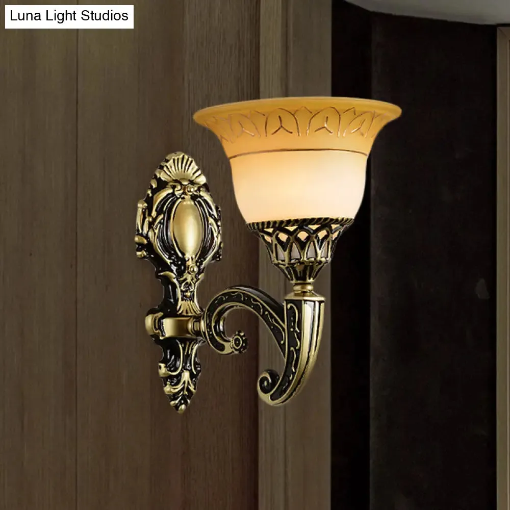 Classic Brass Wall Sconce Light Fixture with Frosted Glass - Flared Design - Bedroom Lamp