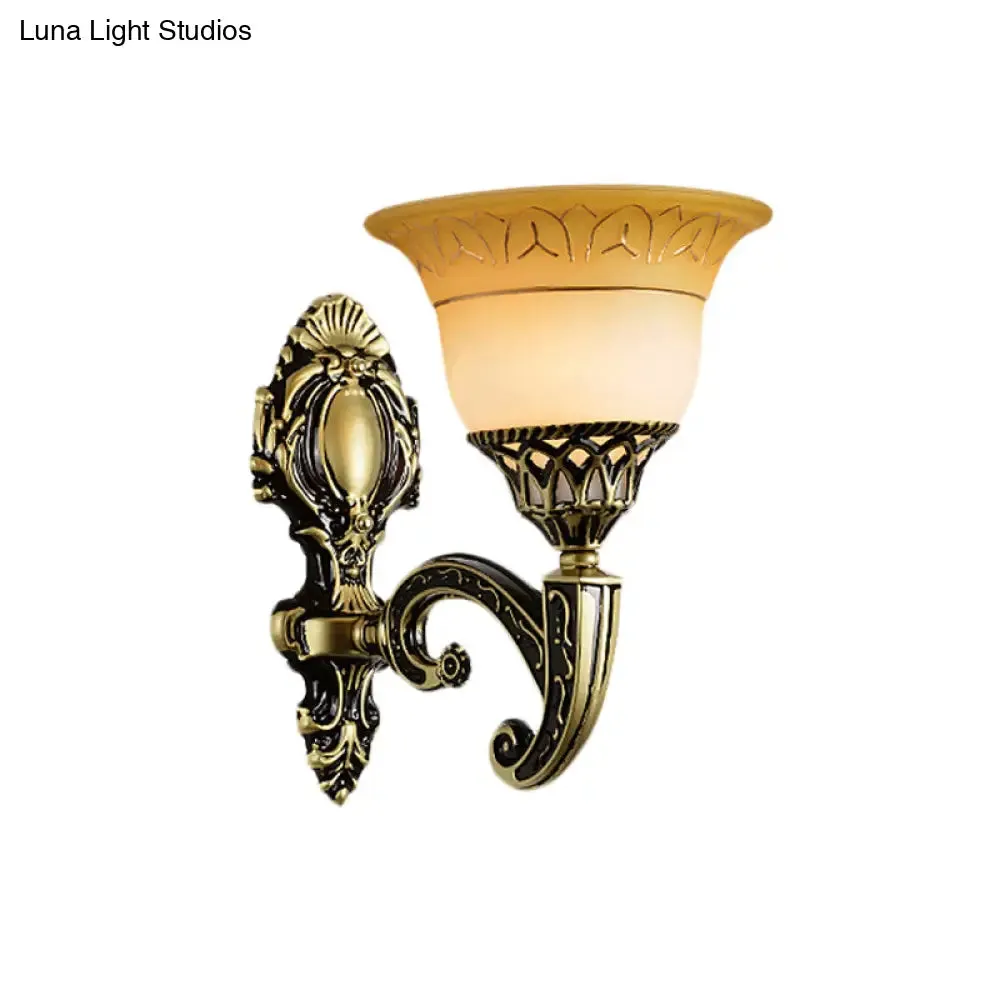 Classic Brass Wall Sconce Light Fixture with Frosted Glass - Flared Design - Bedroom Lamp