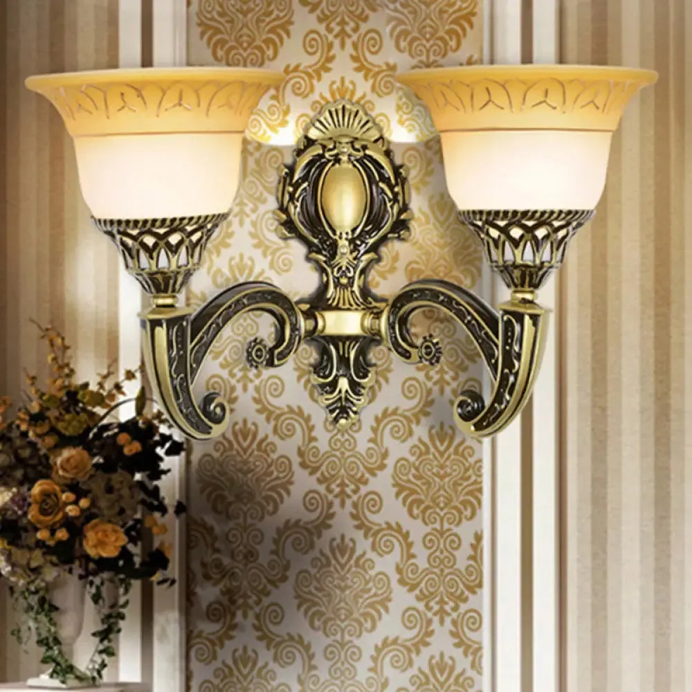 Classic Brass Wall Sconce Light Fixture with Frosted Glass - Flared Design - Bedroom Lamp