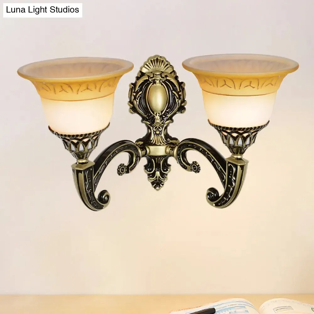 Classic Brass Wall Sconce Light Fixture with Frosted Glass - Flared Design - Bedroom Lamp