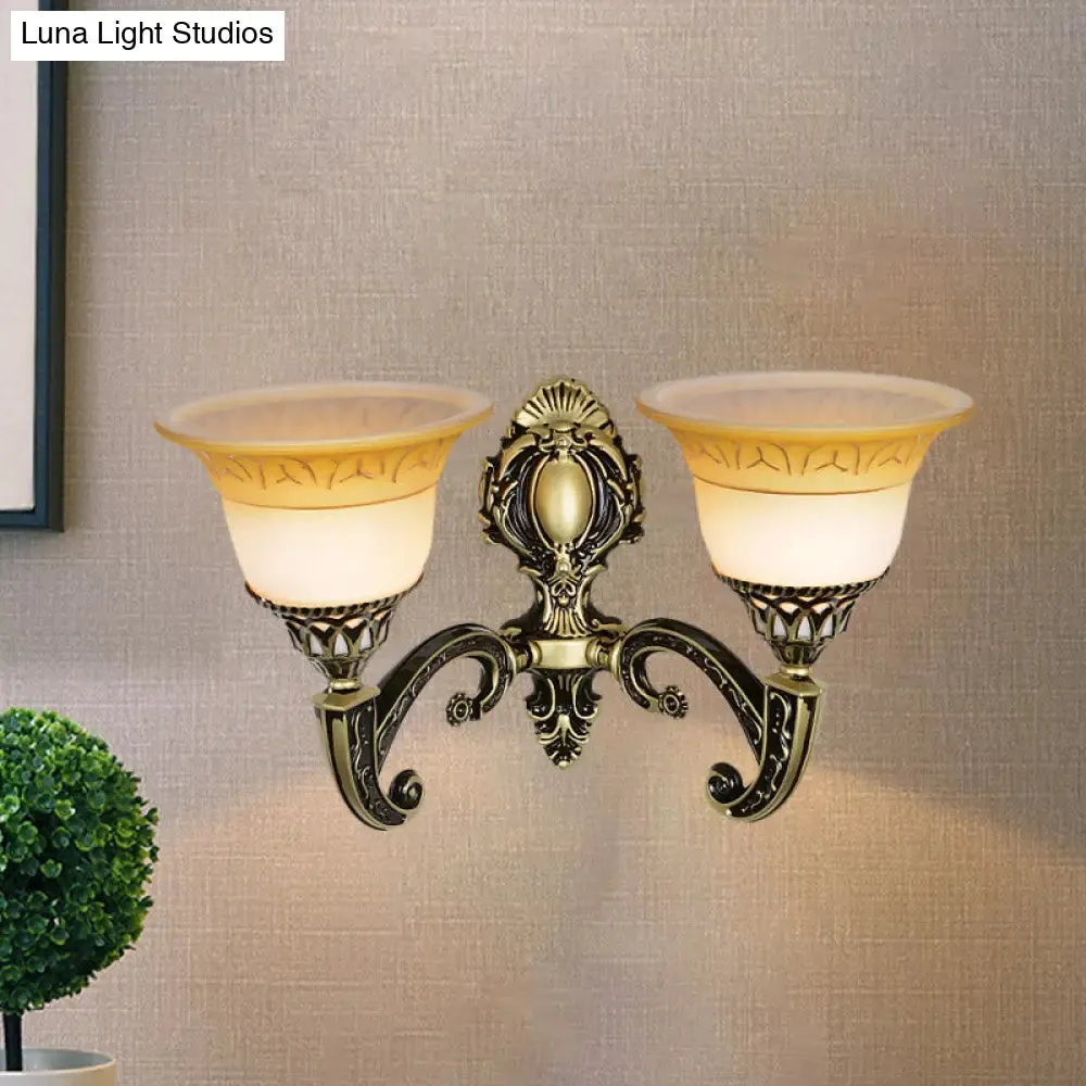 Classic Brass Wall Sconce Light Fixture with Frosted Glass - Flared Design - Bedroom Lamp