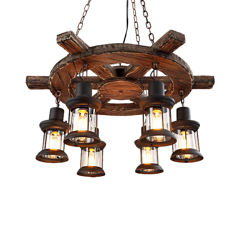 Coastal Metal Lantern Chandelier: 6-Light Black Pendant Lamp with Wooden Rudder DÃ©cor