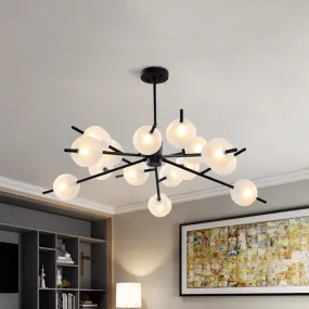 Contemporary Metal Pendant Lamp with 15 Bulbs and Frosted Glass Shade Insert - Black/Gold