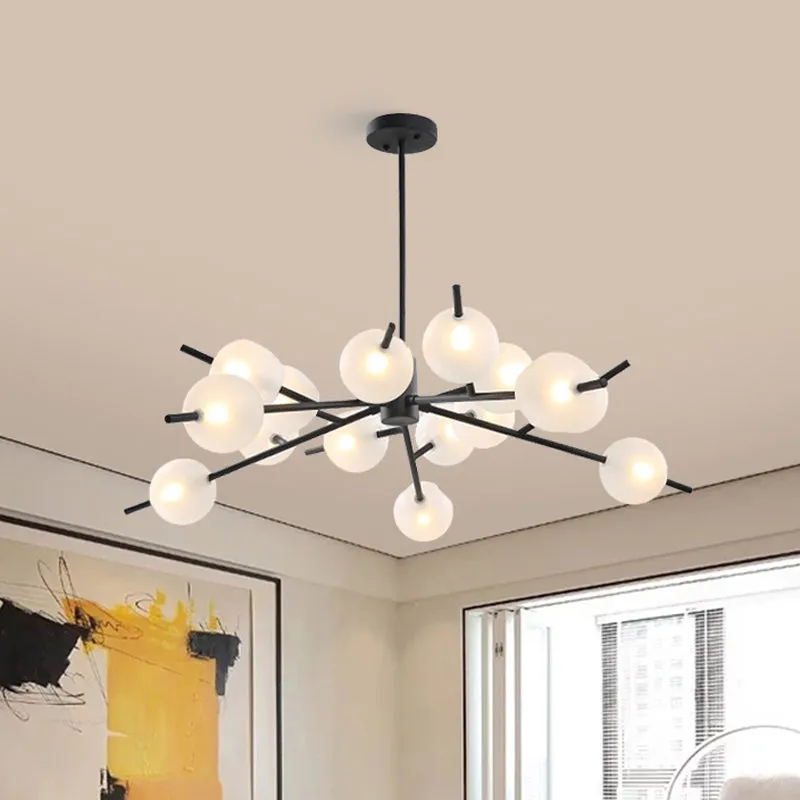 Contemporary Metal Pendant Lamp with 15 Bulbs and Frosted Glass Shade Insert - Black/Gold