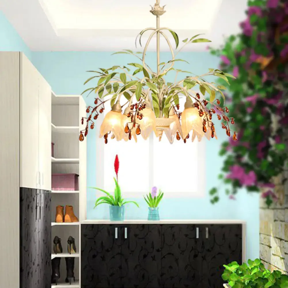 Decorative Green Flower Chandelier Pendant Light with Frosted Glass and Crystals for Living Room