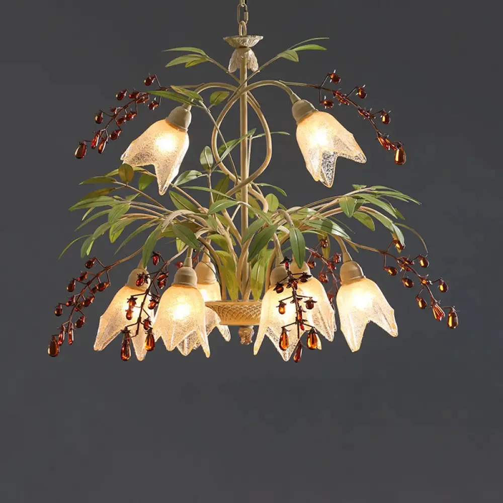 Decorative Green Flower Chandelier Pendant Light with Frosted Glass and Crystals for Living Room