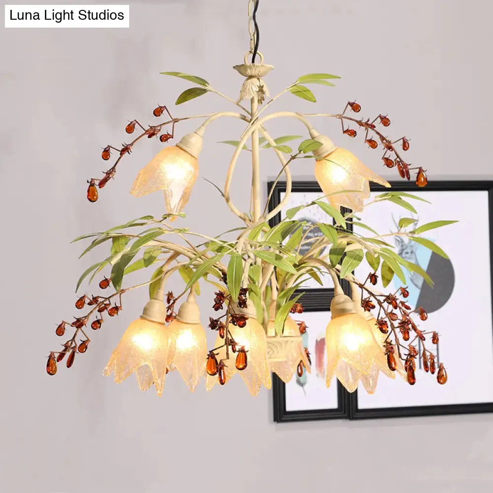 Decorative Green Flower Chandelier Pendant Light with Frosted Glass and Crystals for Living Room