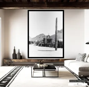 Desert Mission Church & Cactus Print Mural - High Contrast Black & White Wallpaper Art