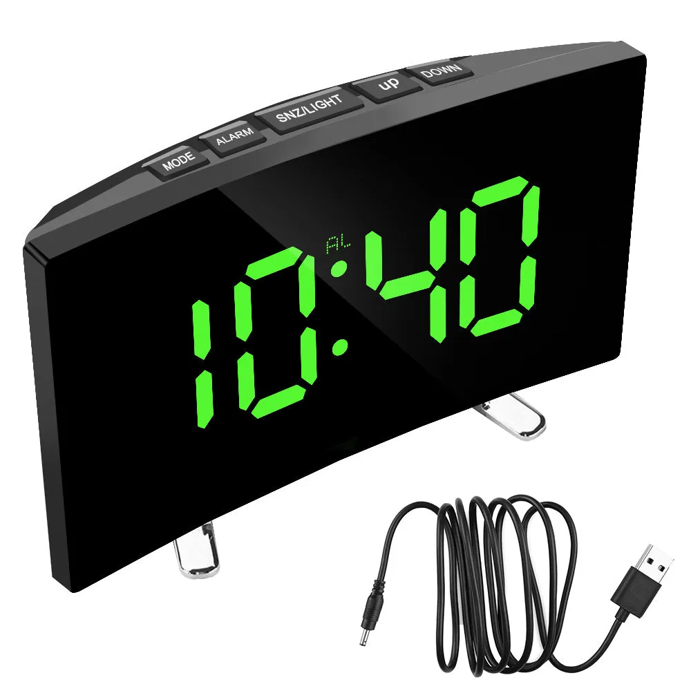 Digital Table Clock Electronic 7 Inch Number Desktop Alarm Clocks For Kids Bedroom LED Screen Curved Dimmable Mirror