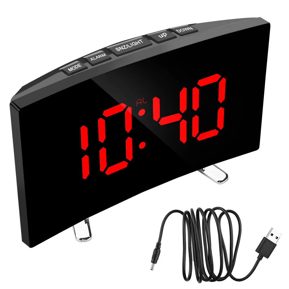 Digital Table Clock Electronic 7 Inch Number Desktop Alarm Clocks For Kids Bedroom LED Screen Curved Dimmable Mirror