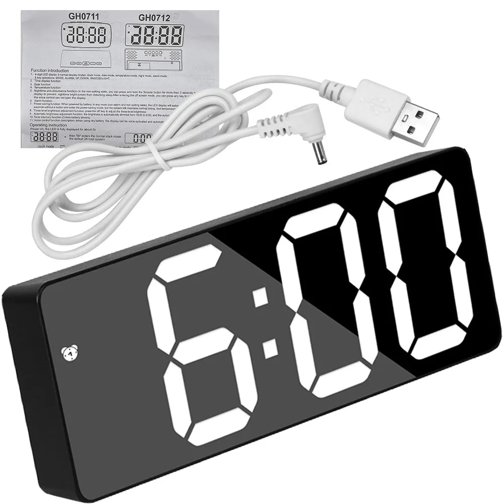 Digital Table Clock Electronic 7 Inch Number Desktop Alarm Clocks For Kids Bedroom LED Screen Curved Dimmable Mirror