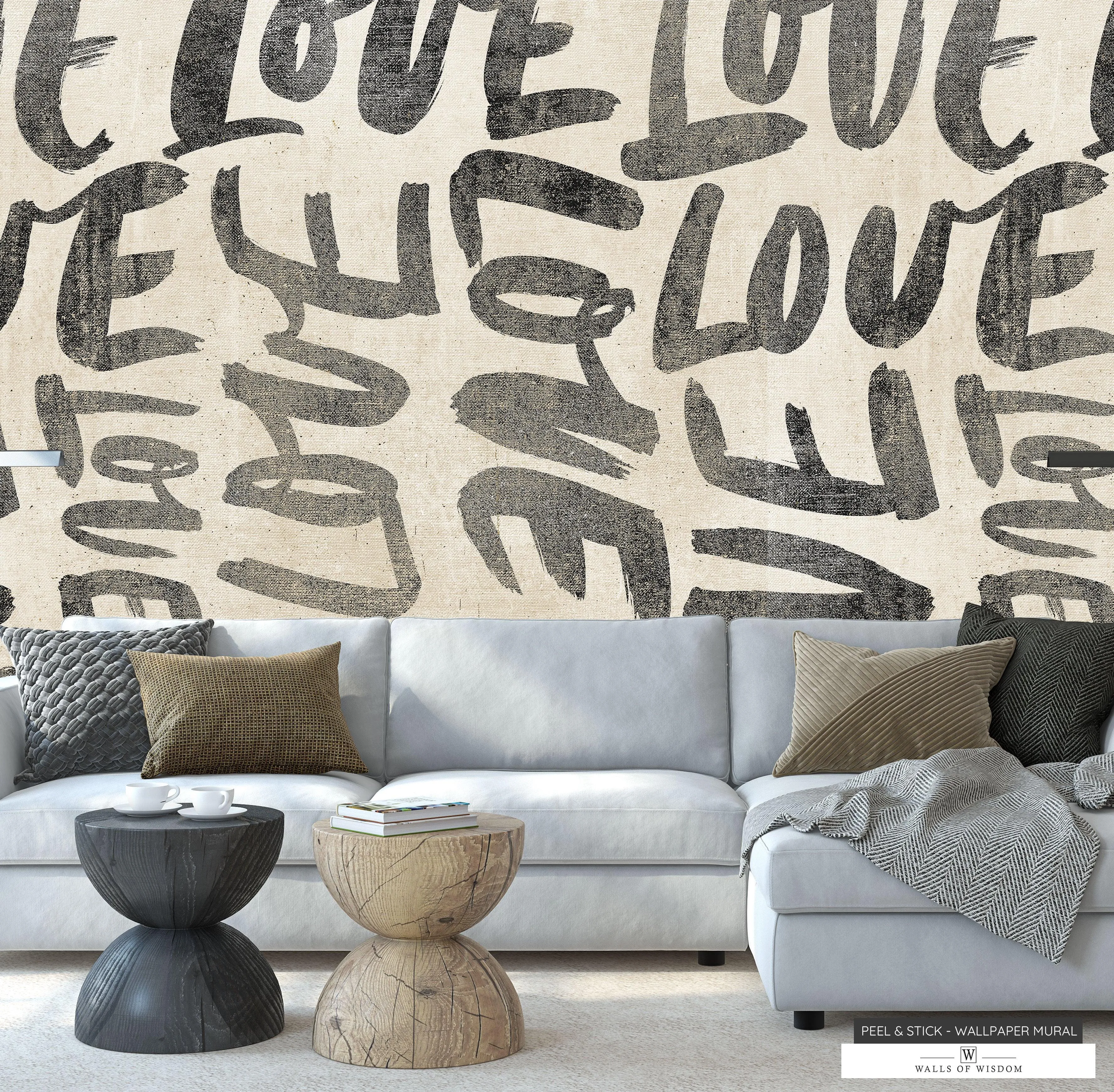 Distressed 'Love' Linen Wallpaper - Neutral Boho Farmhouse Peel & Stick Mural