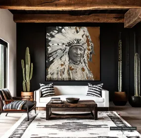 Duck Chief in Headdress Mural - Contemporary Native American Art, Rustic Western Decor Print Wallpaper