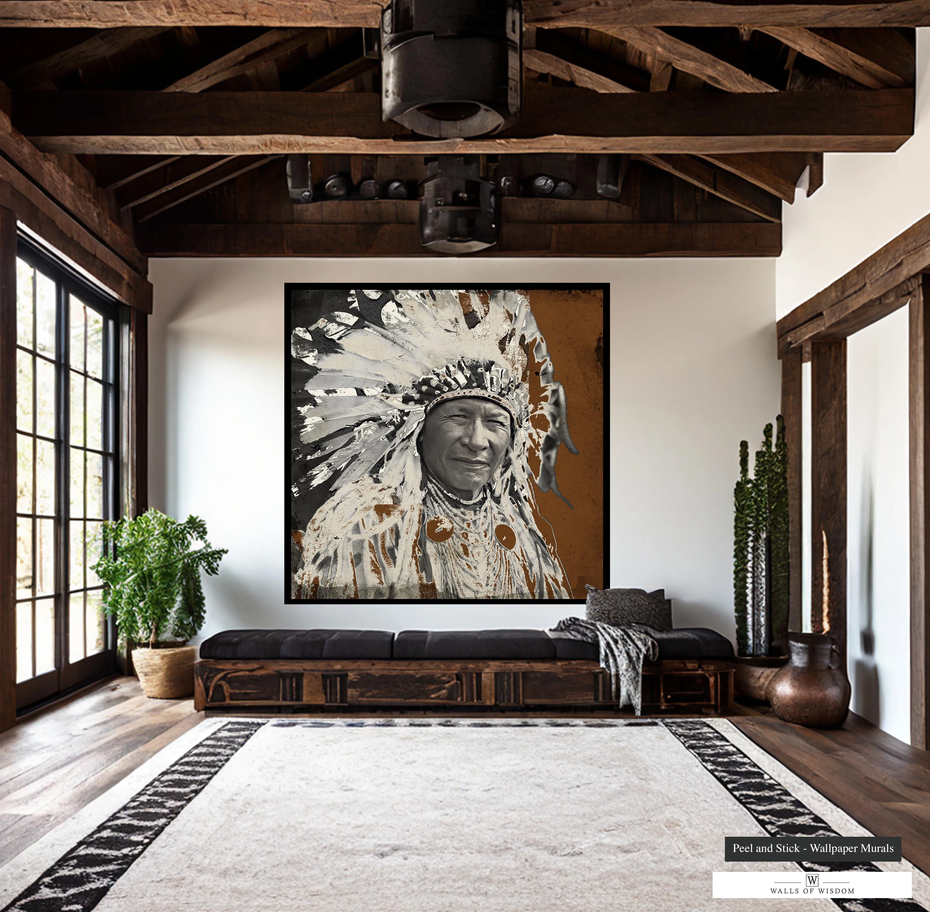 Duck Chief in Headdress Mural - Contemporary Native American Art, Rustic Western Decor Print Wallpaper