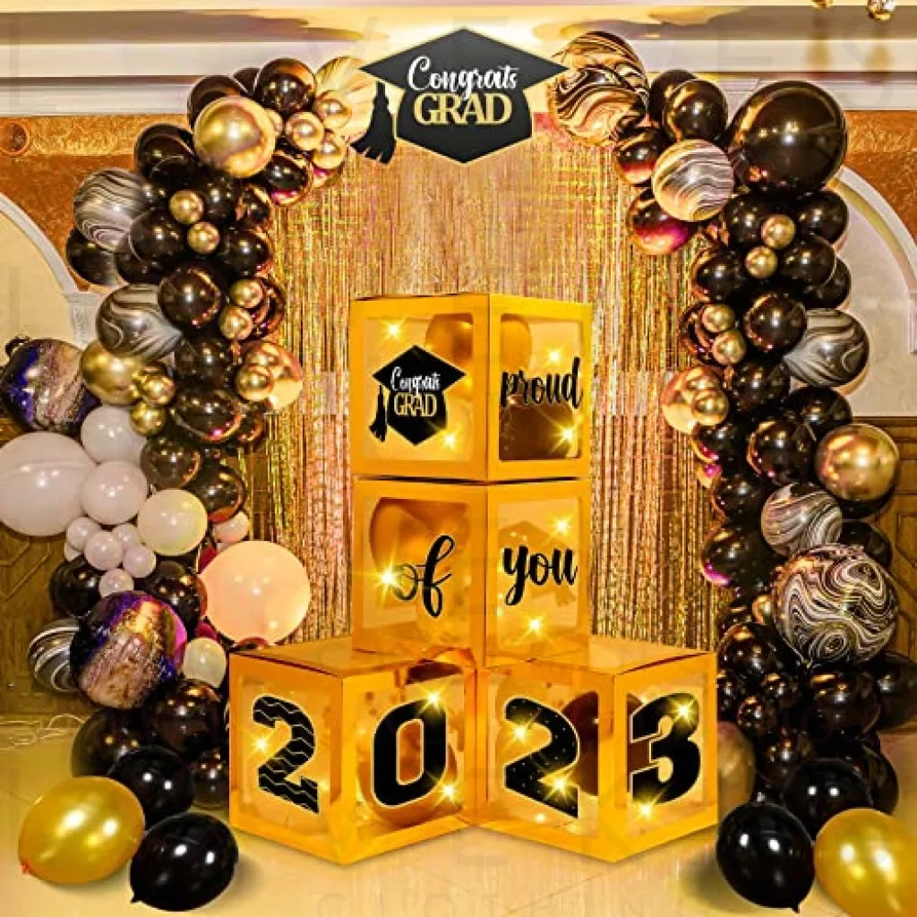 Graduation Box Decorations with Balloon and LED Light Strings Congrats 2023 Grad Party Supplies Proud of You Balloon Boxes for Class of 2023 School College Party Decor, 44 Pieces (Gold)