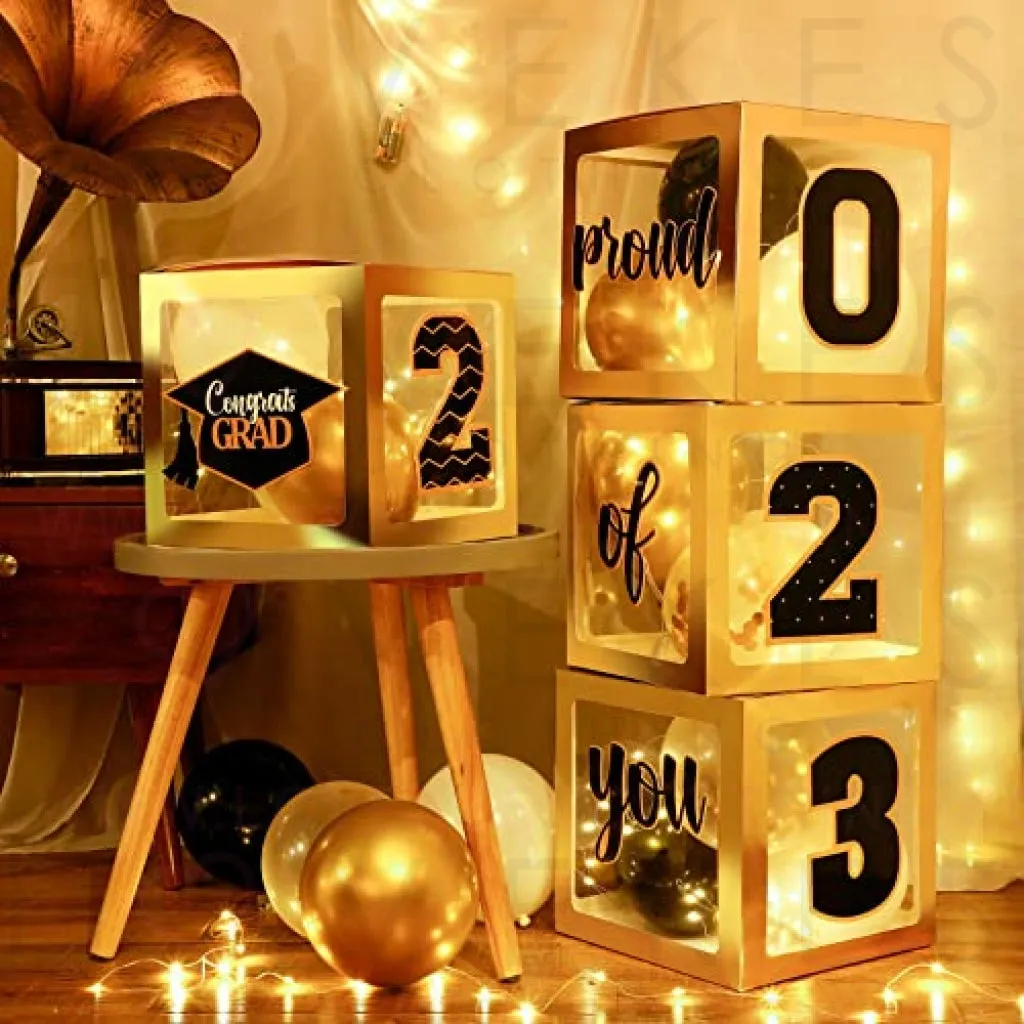 Graduation Box Decorations with Balloon and LED Light Strings Congrats 2023 Grad Party Supplies Proud of You Balloon Boxes for Class of 2023 School College Party Decor, 44 Pieces (Gold)