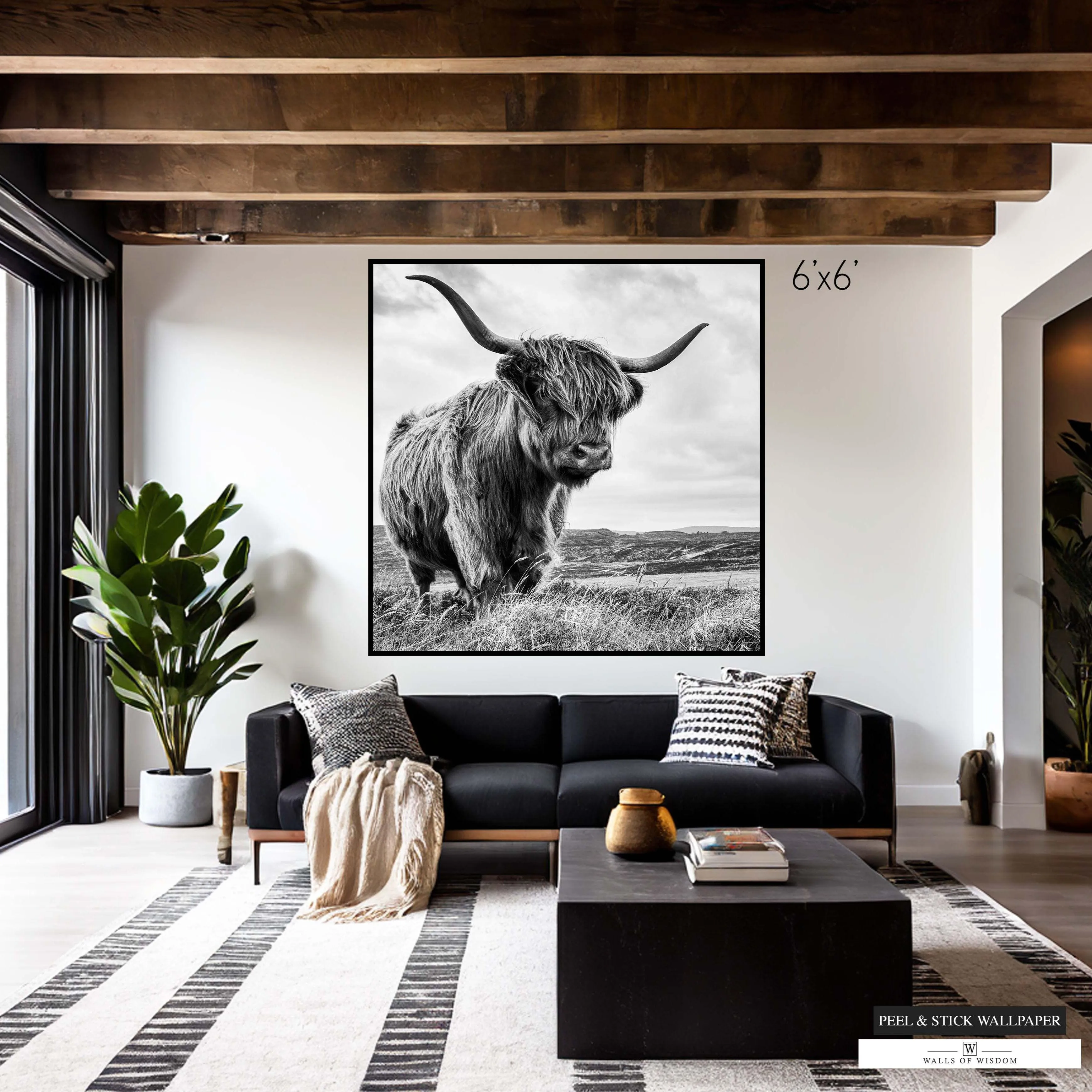 Highland Cow Black and White Wallpaper Mural – Large Western Wall Art