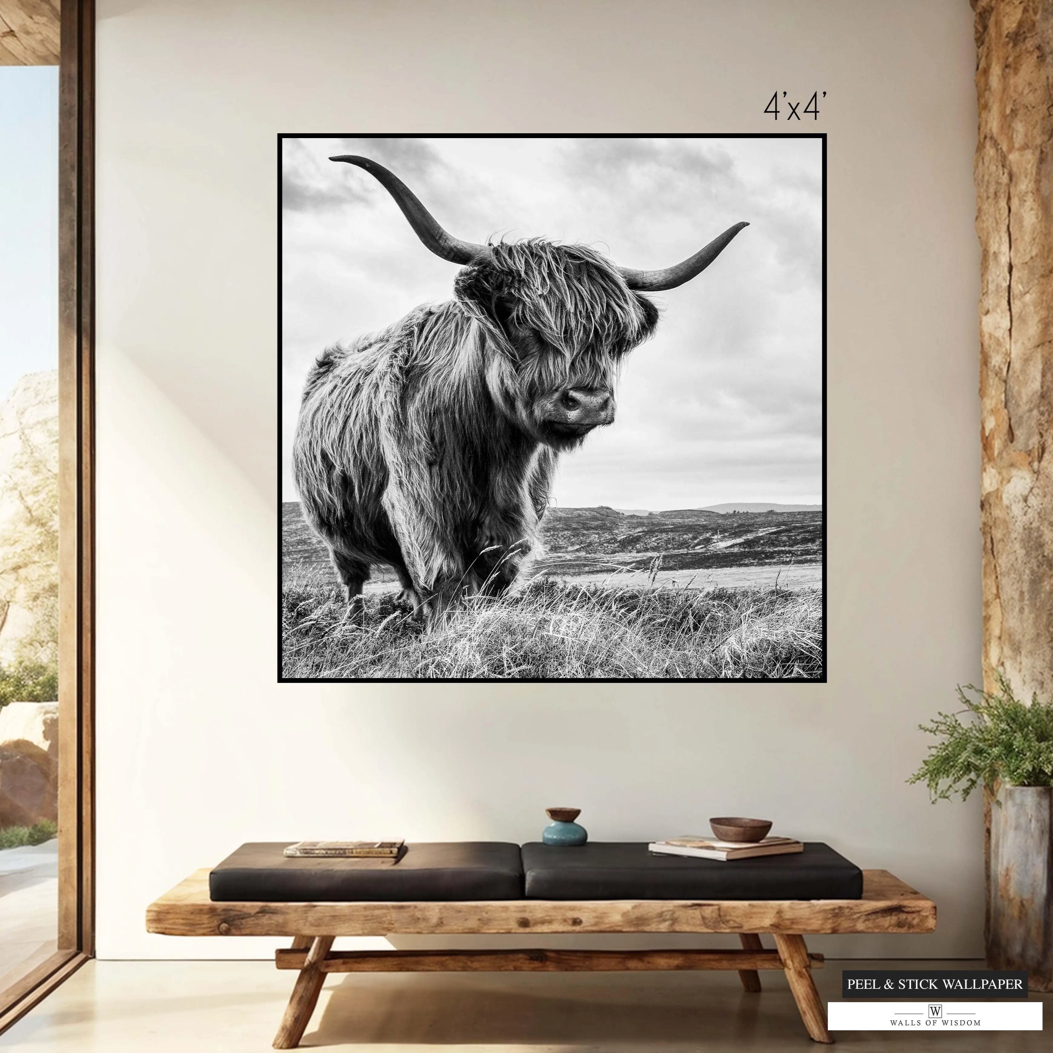 Highland Cow Black and White Wallpaper Mural – Large Western Wall Art