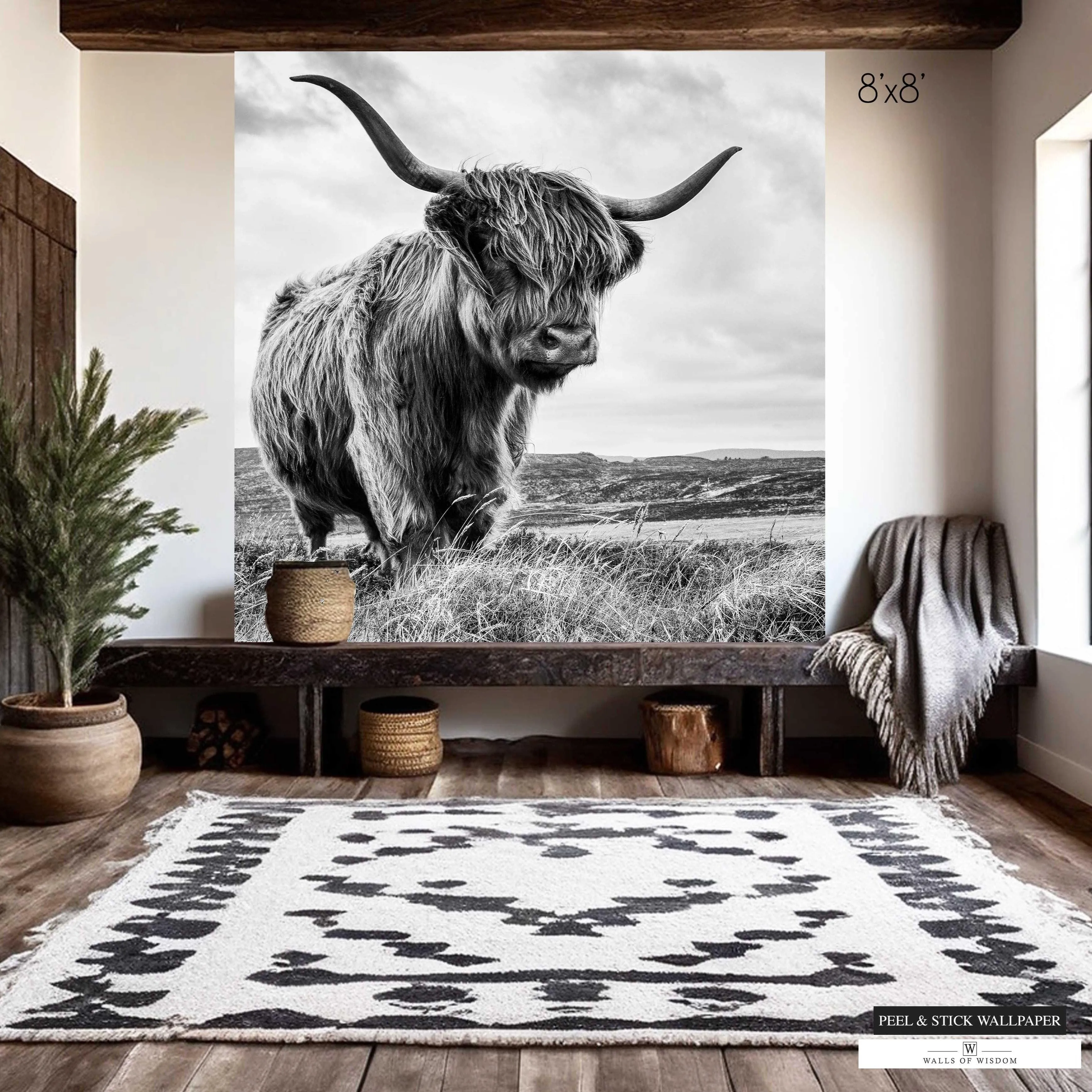 Highland Cow Black and White Wallpaper Mural – Large Western Wall Art