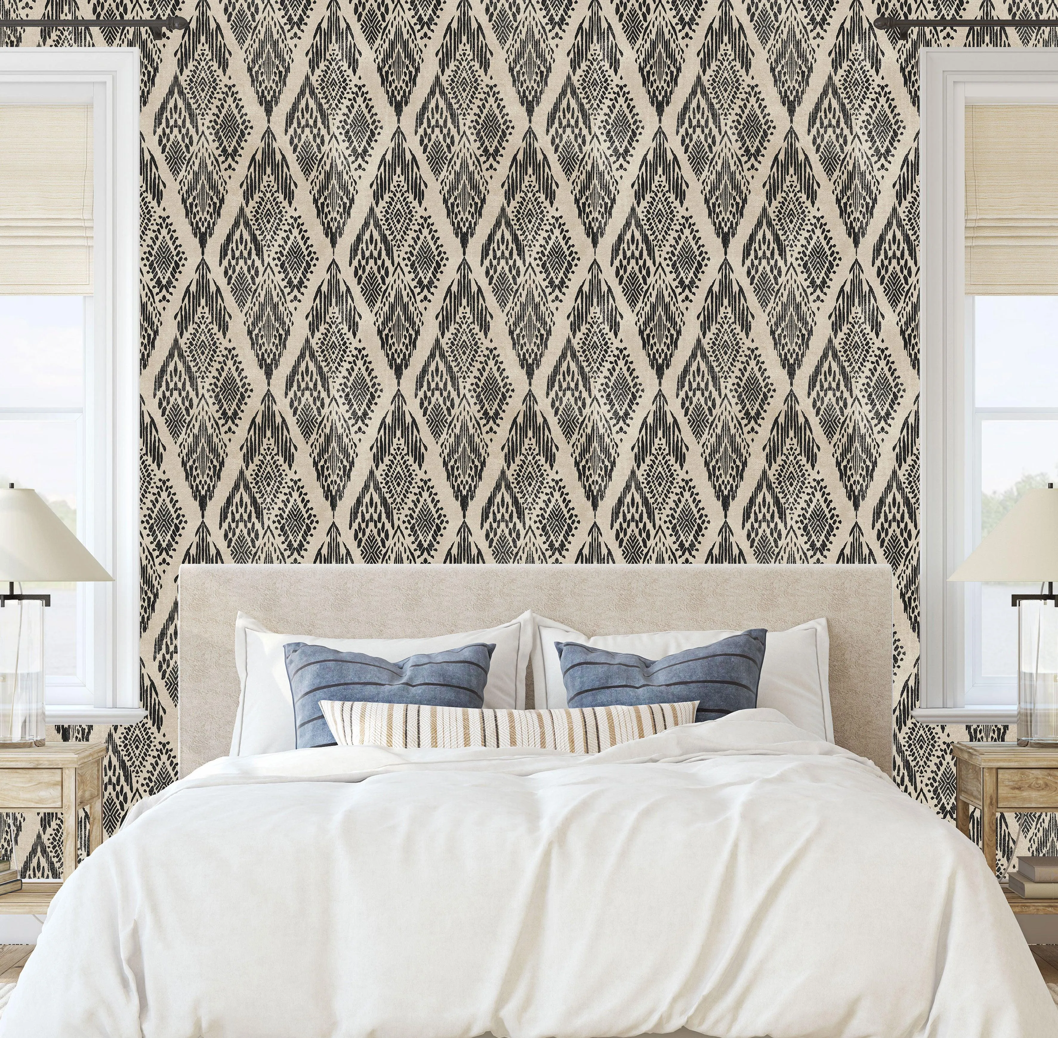 Ikat Floral Peel & Stick Wallpaper in Black & Cream - Modern to Farmhouse