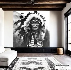 Iron Shell Chief Mural - Vintage Native American Headdress Wallpaper, Lux Woven Peel & Stick