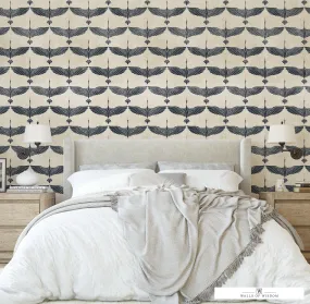 Japanese Grey Crane Wallpaper: Mustard Accents - Modern Boho Peel & Stick Decor