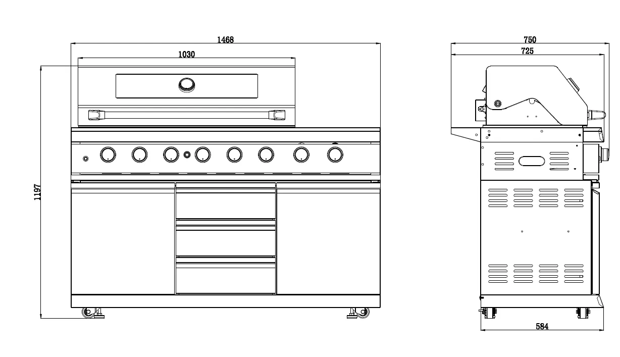 Kingsley 6-Burner Outdoor BBQ Kitchen   21” Smoker Module: Black Stainless Steel, Stone Bench, Fridge, Sink, Height Adjustable, Rotisserie with BBQ Cover