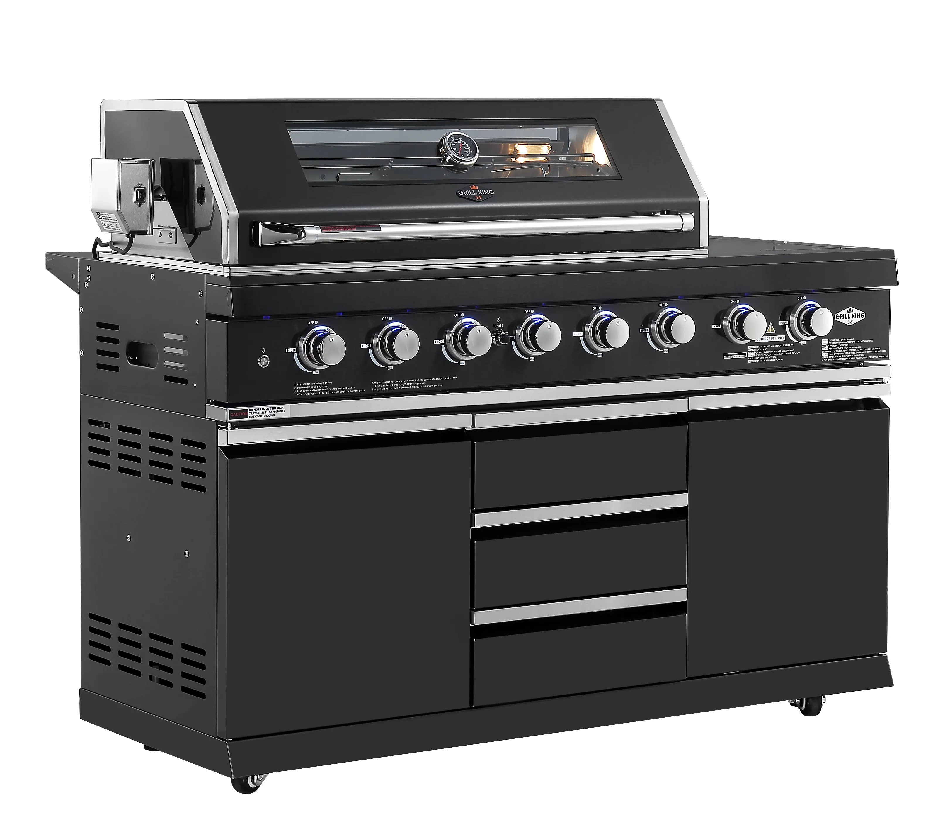 Kingsley 6-Burner Outdoor BBQ Kitchen   21” Smoker Module: Black Stainless Steel, Stone Bench, Fridge, Sink, Height Adjustable, Rotisserie with BBQ Cover