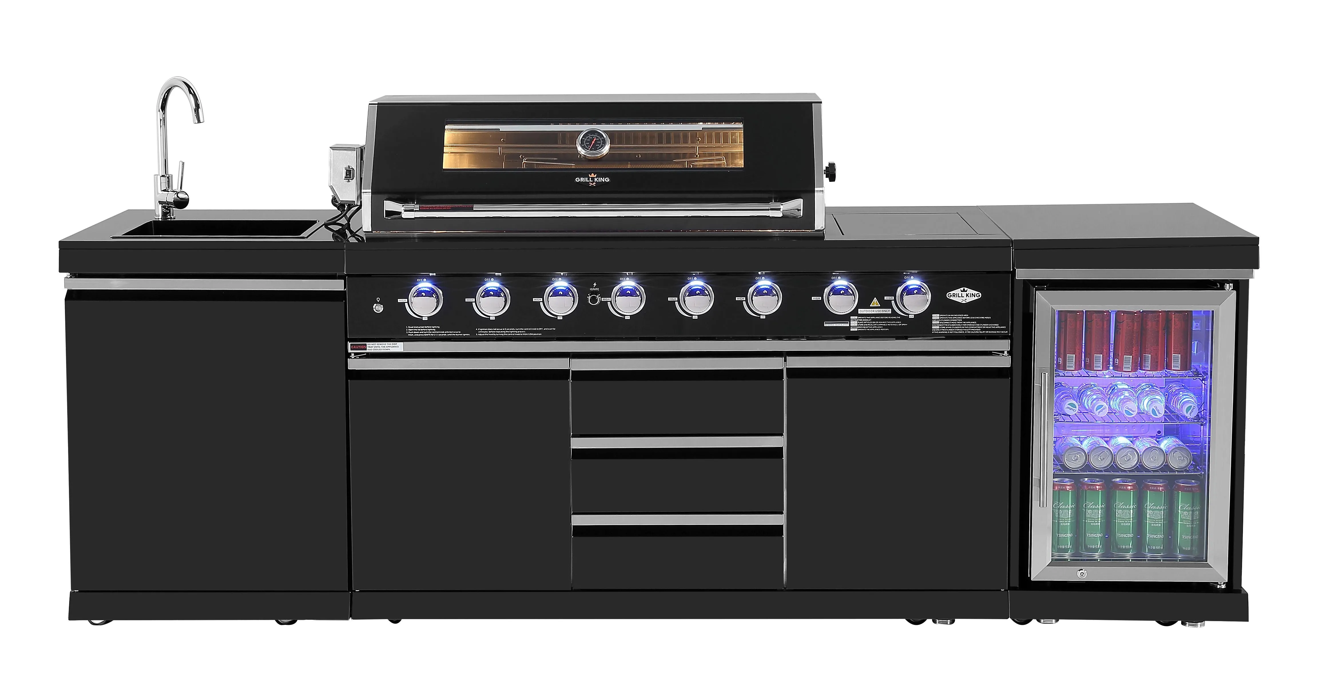 Kingsley 6-Burner Outdoor BBQ Kitchen   21” Smoker Module: Black Stainless Steel, Stone Bench, Fridge, Sink, Height Adjustable, Rotisserie with BBQ Cover