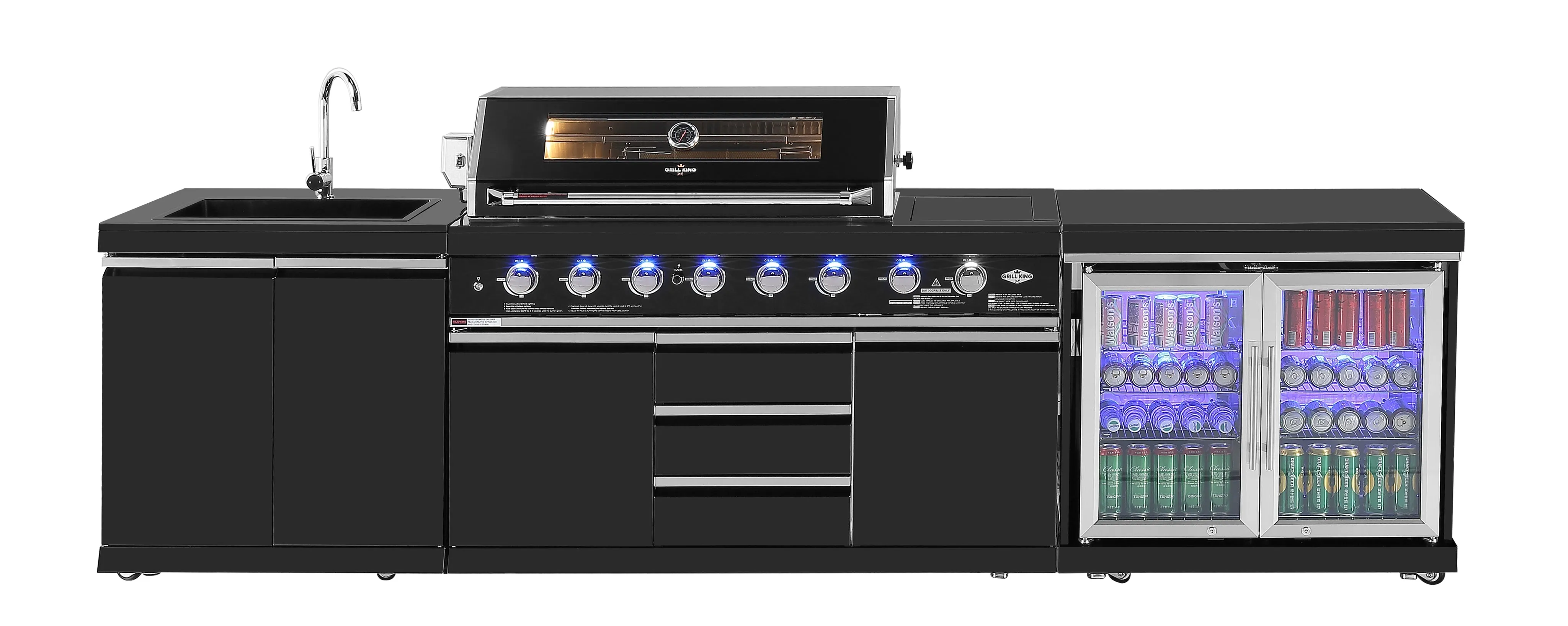 Kingsley 6-Burner Outdoor BBQ Kitchen   21” Smoker Module: Black Stainless Steel, Stone Bench, Fridge, Sink, Height Adjustable, Rotisserie with BBQ Cover