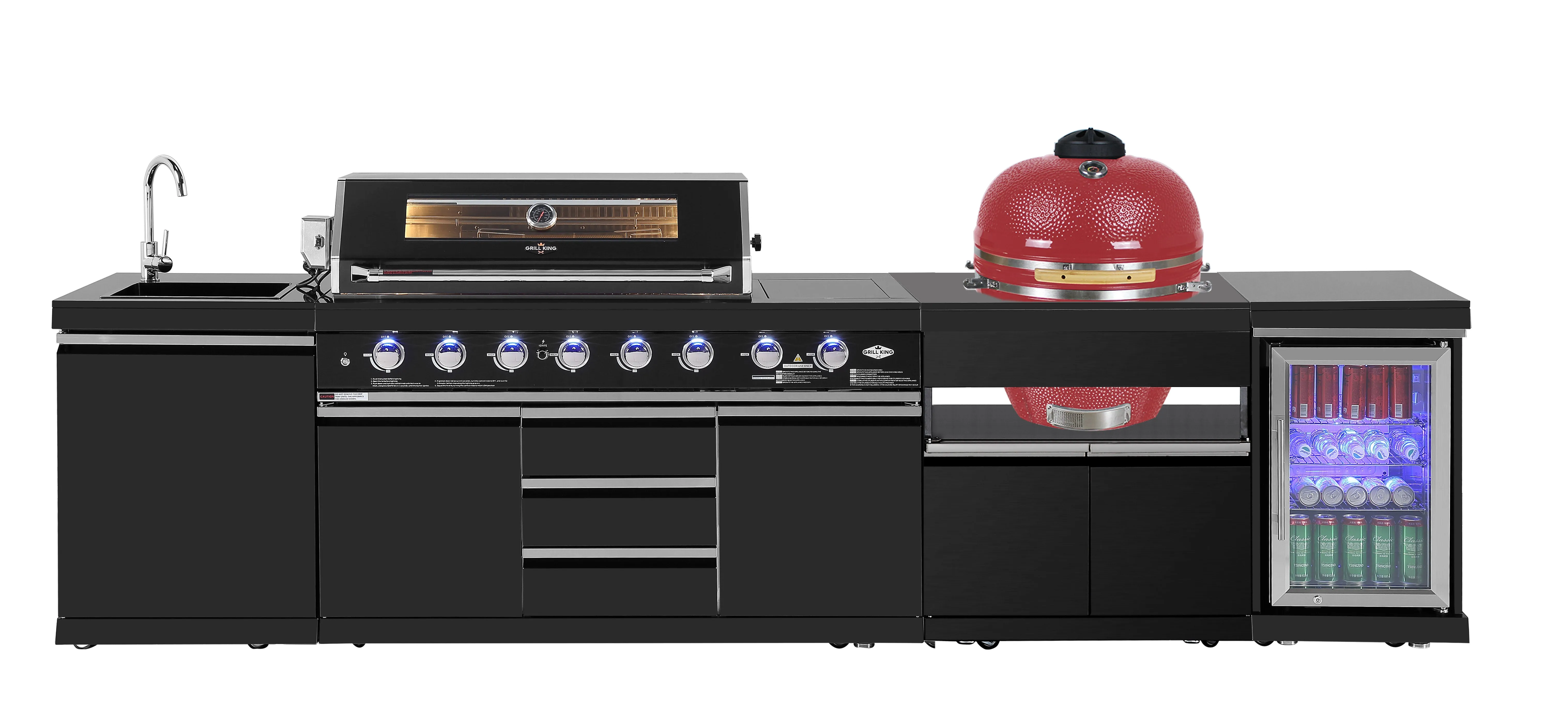 Kingsley 6-Burner Outdoor BBQ Kitchen   21” Smoker Module: Black Stainless Steel, Stone Bench, Fridge, Sink, Height Adjustable, Rotisserie with BBQ Cover