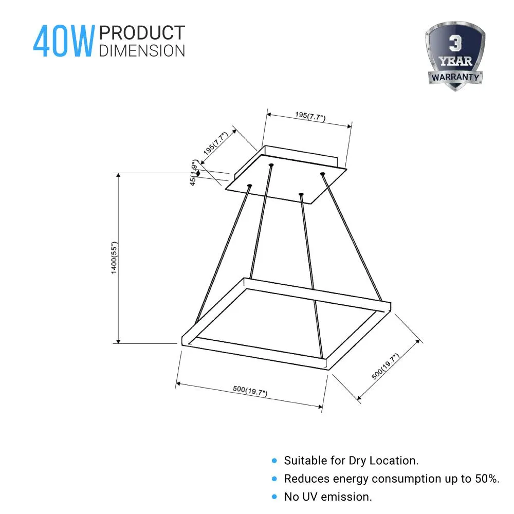 LED Pendant Light Fixture, Square, Dimmable, 3000K (Warm White) (P3111-5F)