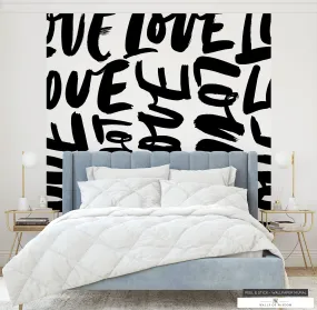 Love Abstract Typography Mural - Bold Black & White Peel & Stick Wallpaper for Statement Walls