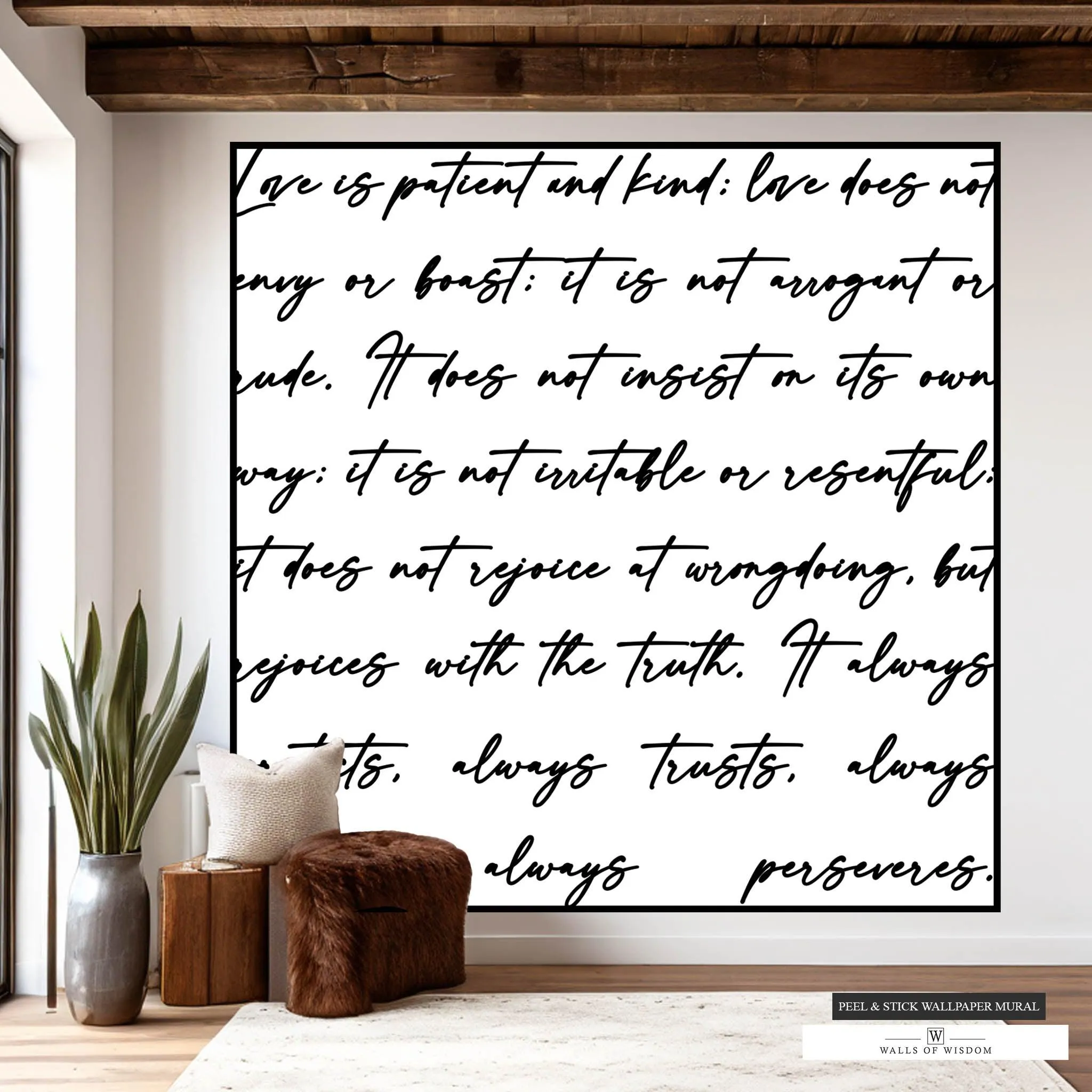 Love is Patient Bible Verse Peel and Stick Wallpaper Mural – Large Wall Art, Boho Farmhouse, Luxury Woven Fabric