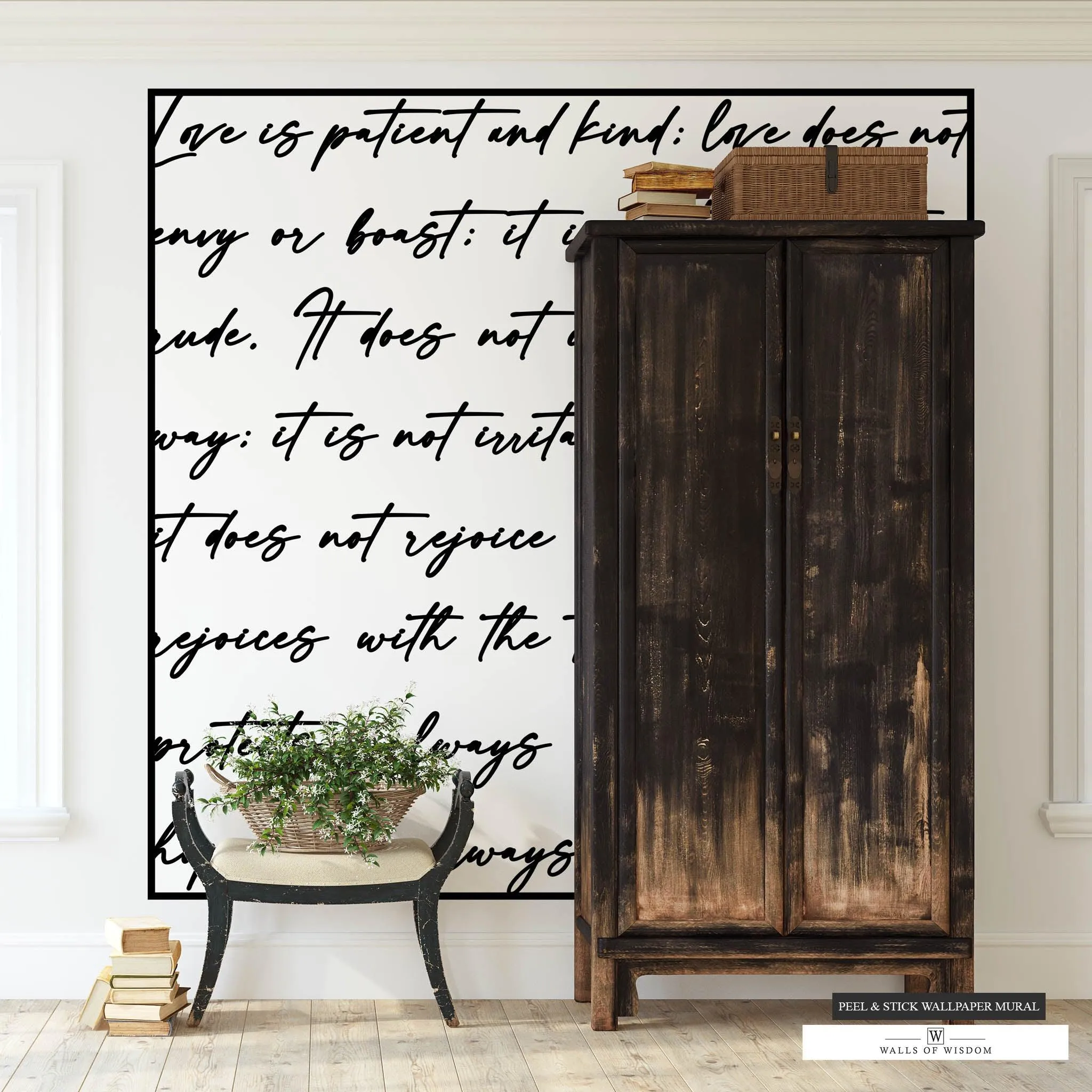 Love is Patient Bible Verse Peel and Stick Wallpaper Mural – Large Wall Art, Boho Farmhouse, Luxury Woven Fabric