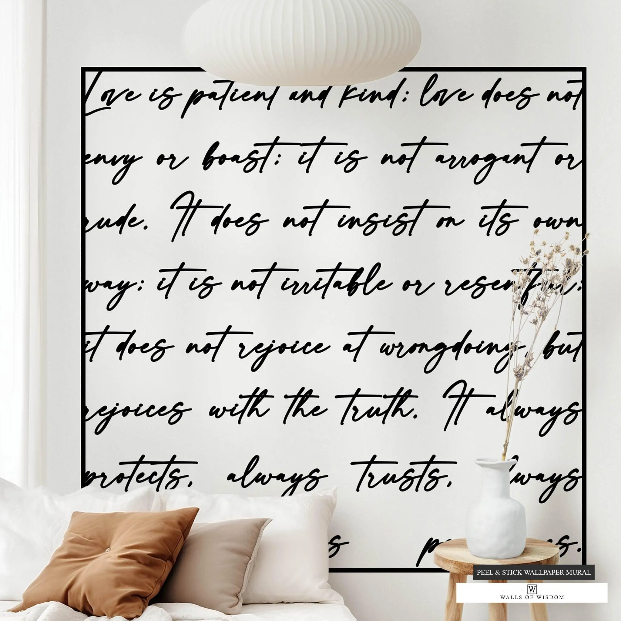 Love is Patient Bible Verse Peel and Stick Wallpaper Mural – Large Wall Art, Boho Farmhouse, Luxury Woven Fabric