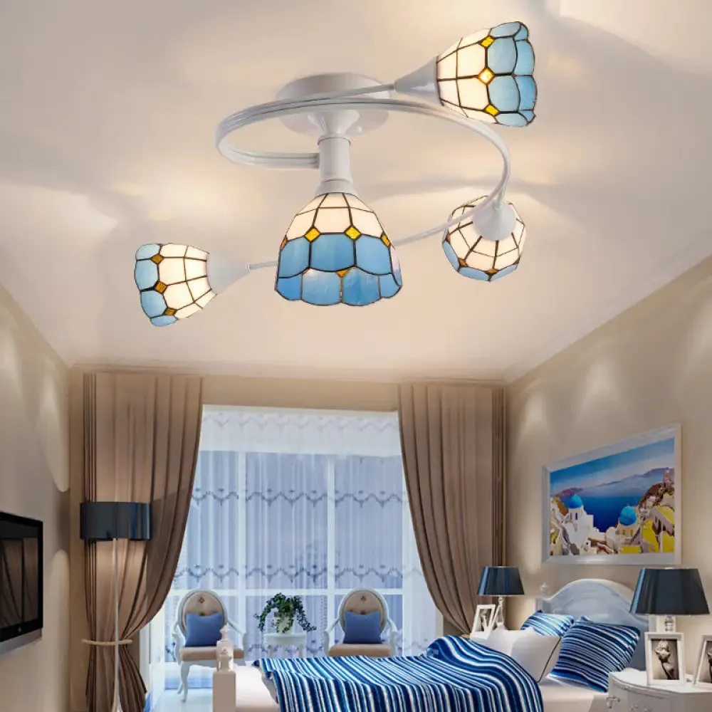 Mediterranean Swirl Semi Flush Ceiling Light with Floral Accents – Light Blue and White Glass, Ideal for Living Room