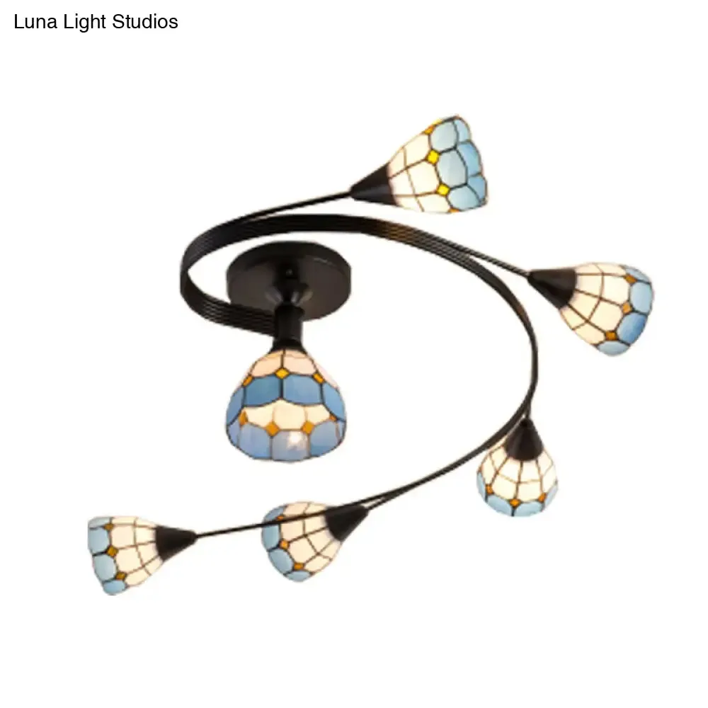 Mediterranean Swirl Semi Flush Ceiling Light with Floral Accents – Light Blue and White Glass, Ideal for Living Room