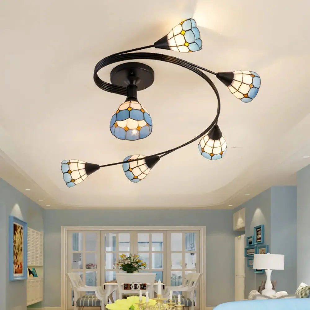 Mediterranean Swirl Semi Flush Ceiling Light with Floral Accents – Light Blue and White Glass, Ideal for Living Room